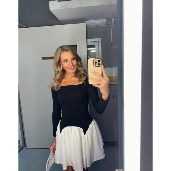 AWAYLEE Drop Waist Off The Shoulder Mini Dress in Black & White Size X-Small - Picture 1 of 16